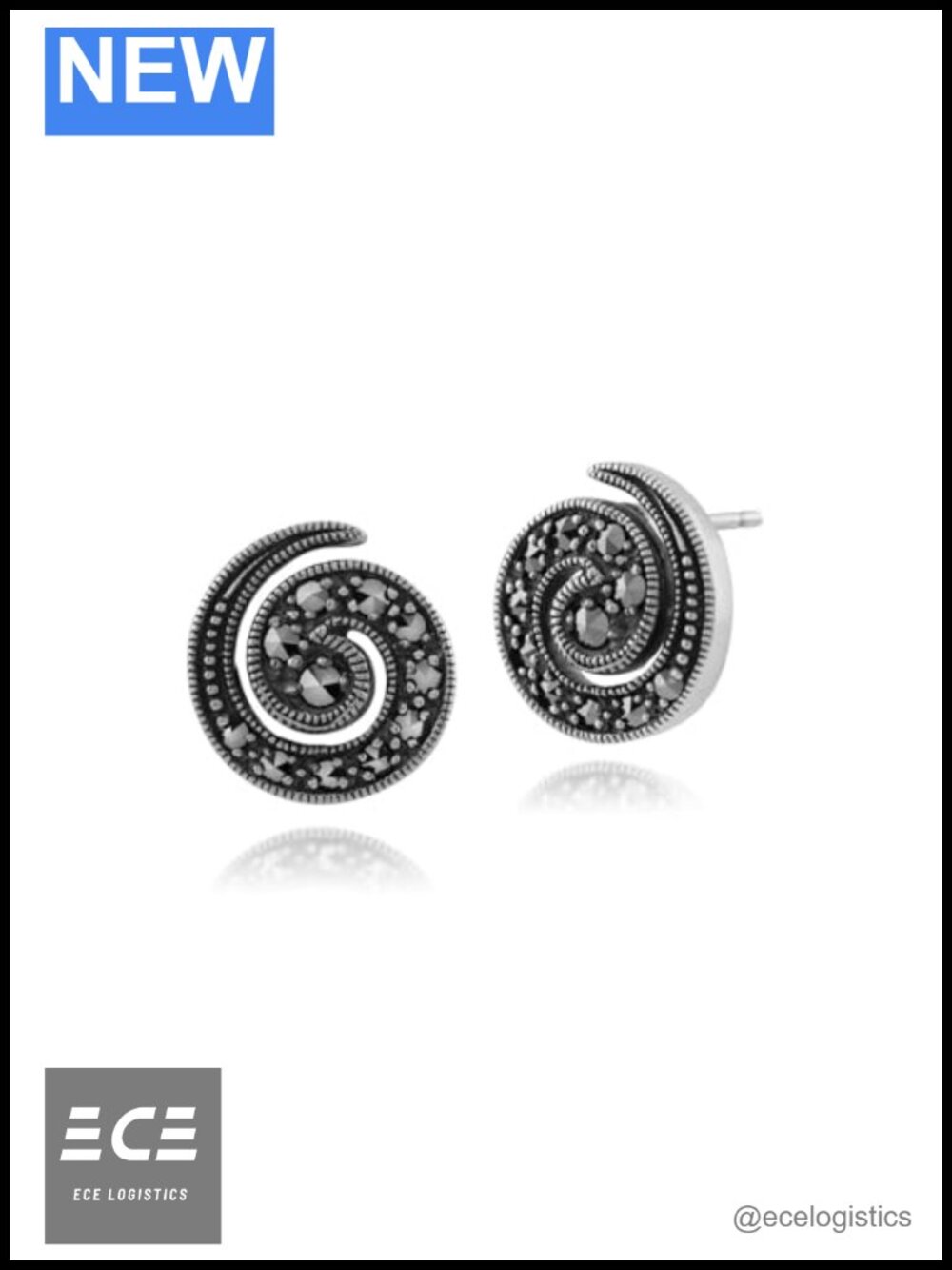 925 Sterling Silver Marcasite Swirl Stud Earrings Art Nouveau